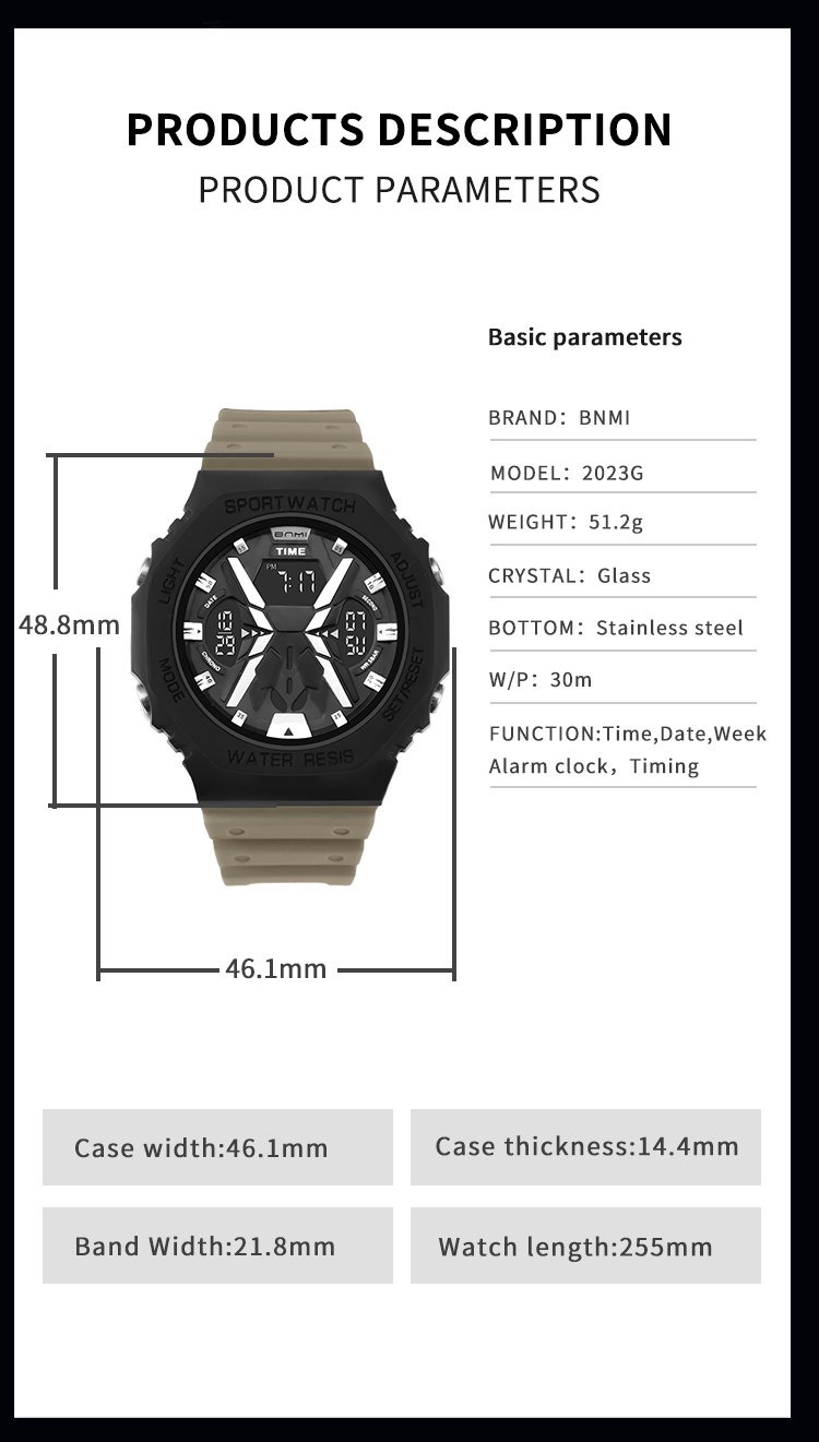 BNMI 2023G-B Analog Digital Watch with Alarm and IP67 Rating 6 analog digital wrist watch with alarm 6